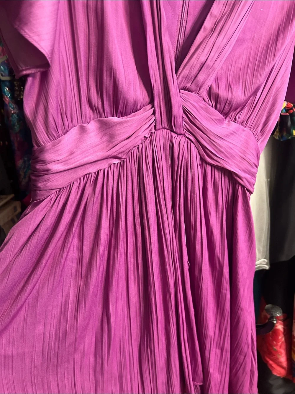 Anthropologie Deep V Neck Magenta Satin Mini Dress Size 2